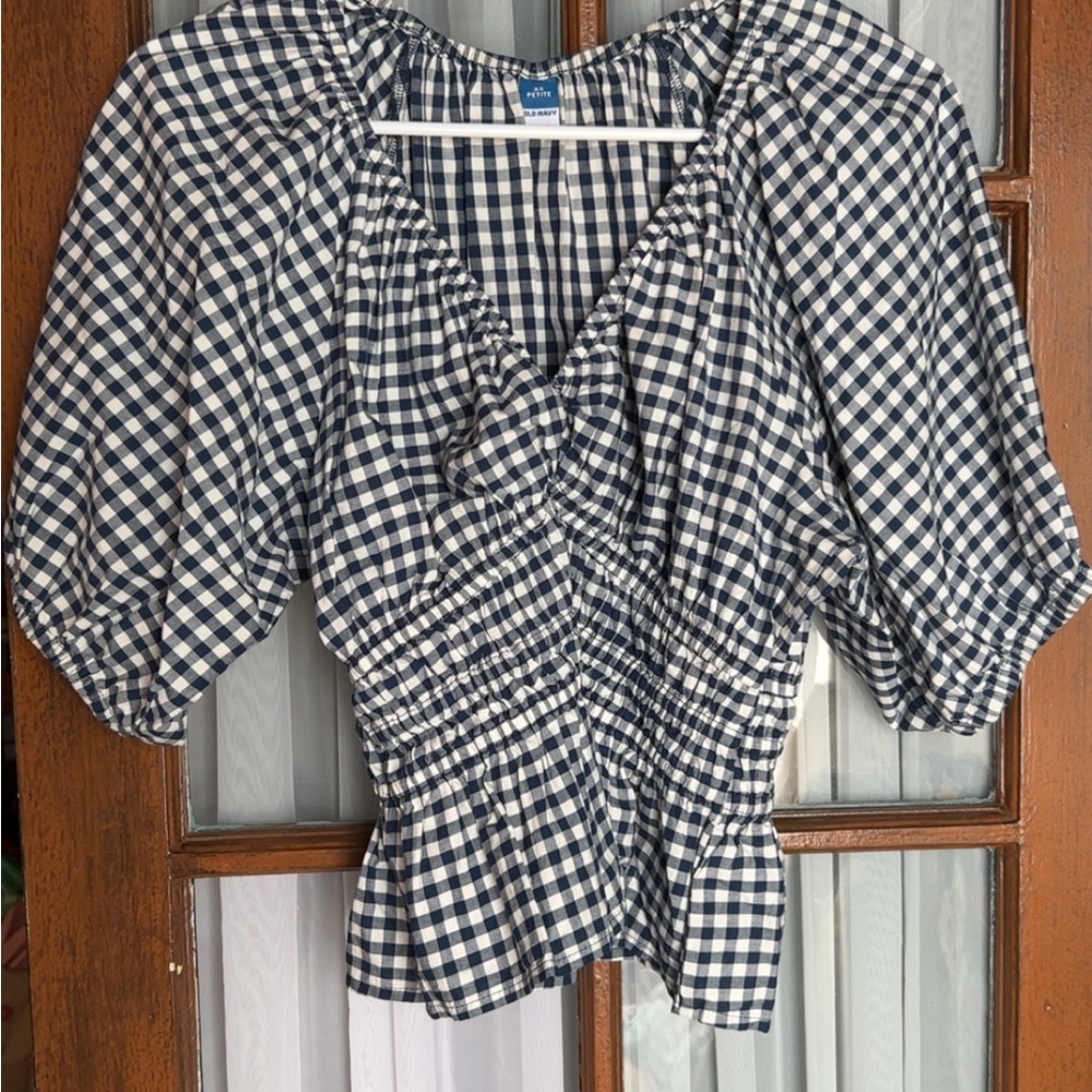 Old Navy Navy and White Gingham Peplum Wrap Blouse
